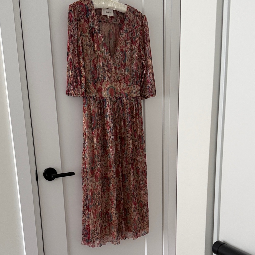 ba&sh Red and Cream Patterned Midi Dress